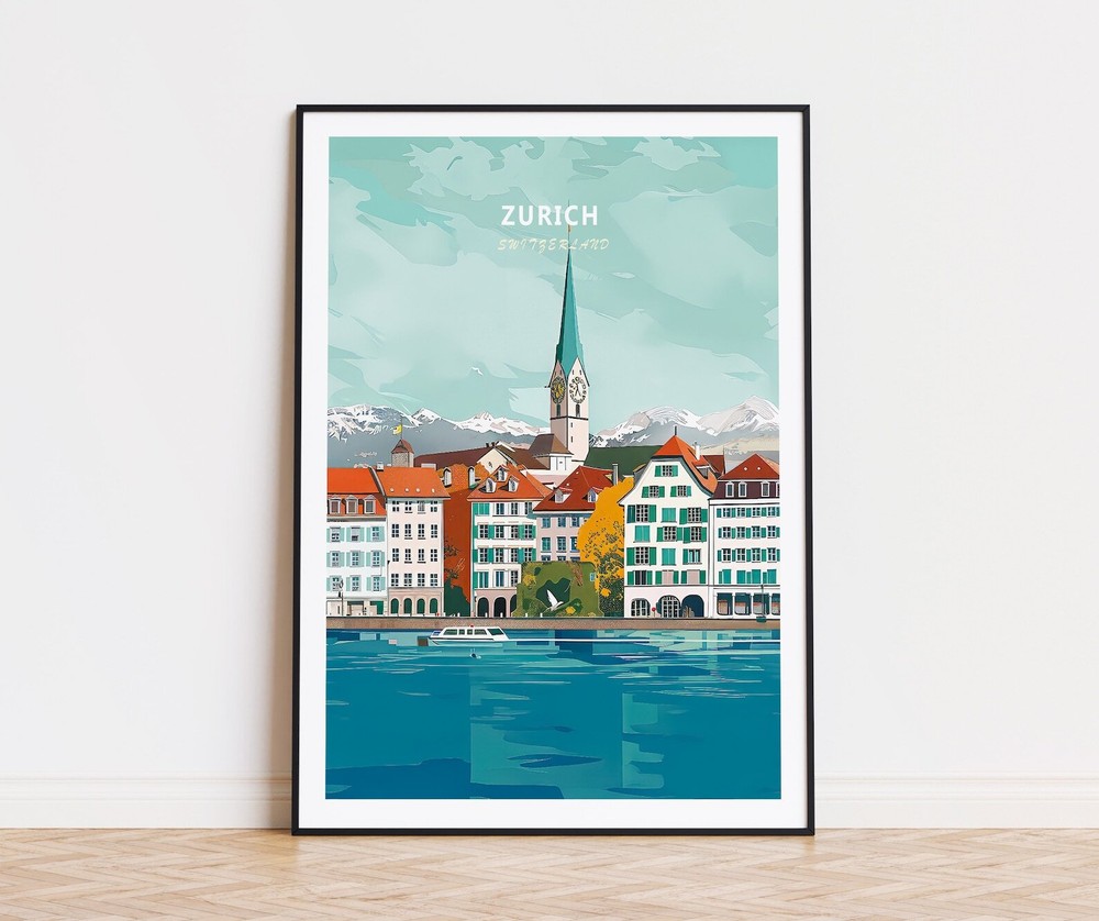 Zrich Travel Poster Switzerland Wall Art Zrich Print Custom Travel Poster