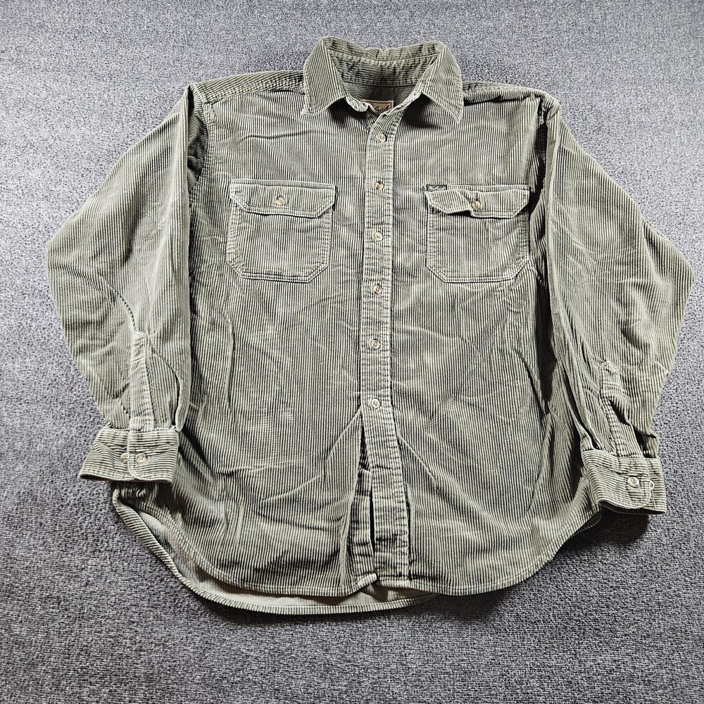 Woolrich Shirt Mens Large Green Striped Corduroy Button Front Long Sleeve Rugged