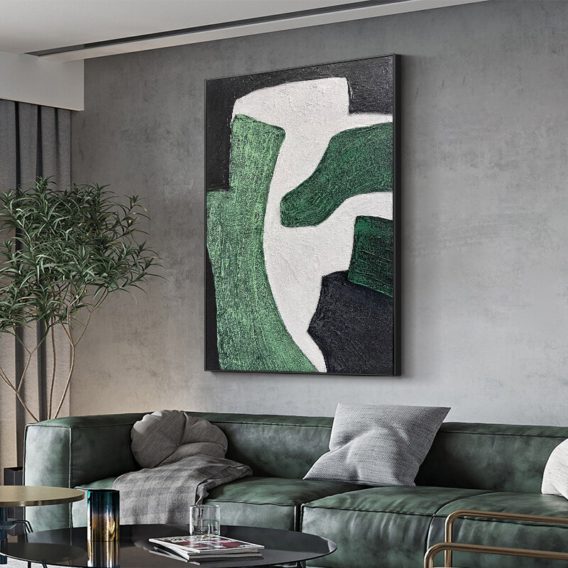 Modern Hand Drawn Green Abstract Oil Painting On Canvas Thick Textured Decor