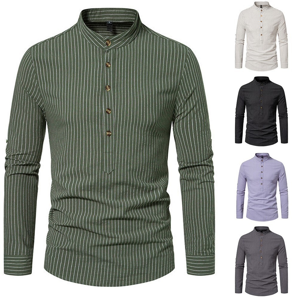 Men's Breathable Shirts Cotton Blend Striped Lapel Collar Comfortable Blouse Top