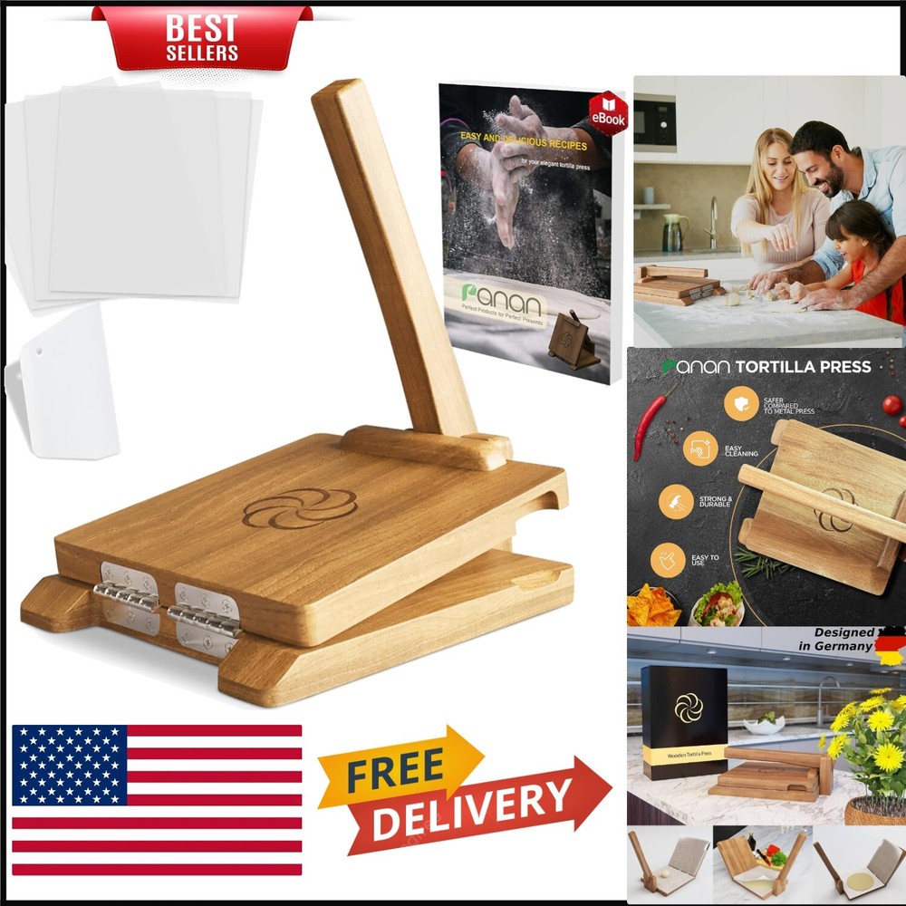 Acacia Wood 10-Inch Tortilla Press Set with Dough Cutter and 50 Papers-image