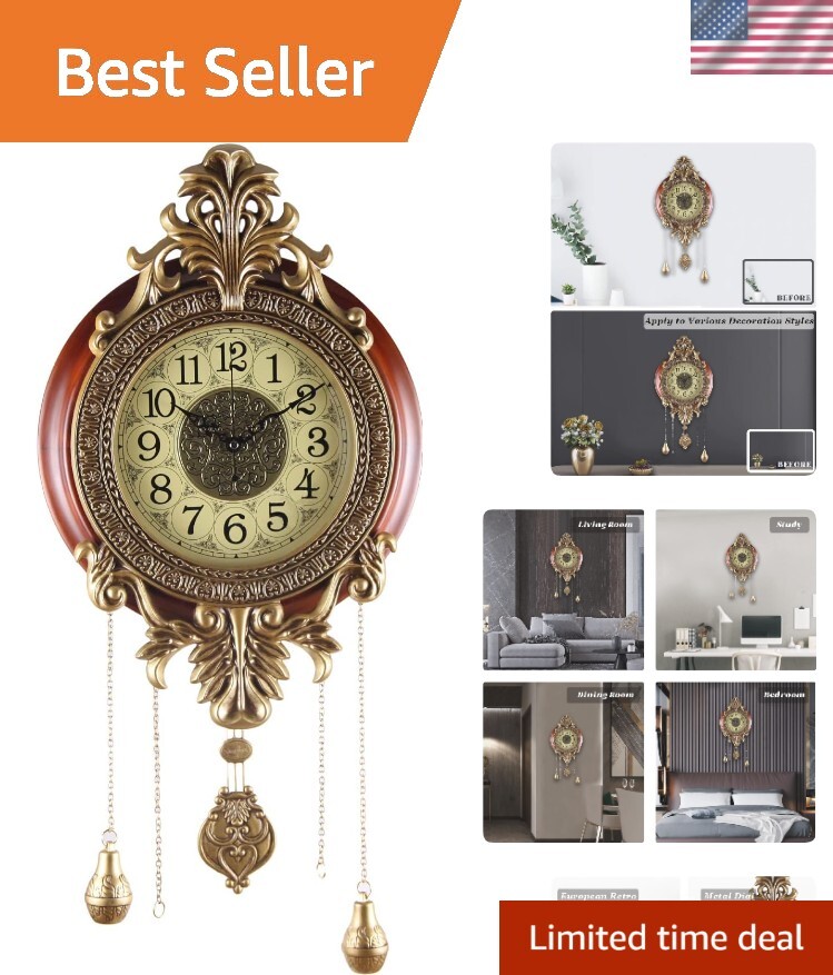 Large Wall Clock with Pendulum, Real Wood Retro Style, Battery Operated, Vint...