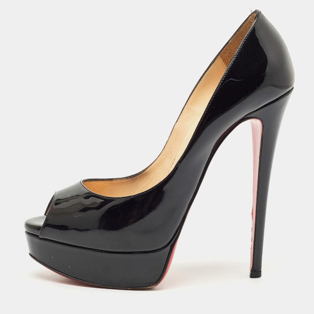 Christian Louboutin Black Patent Leather Lady Peep Toe Platform Pumps Size 385
