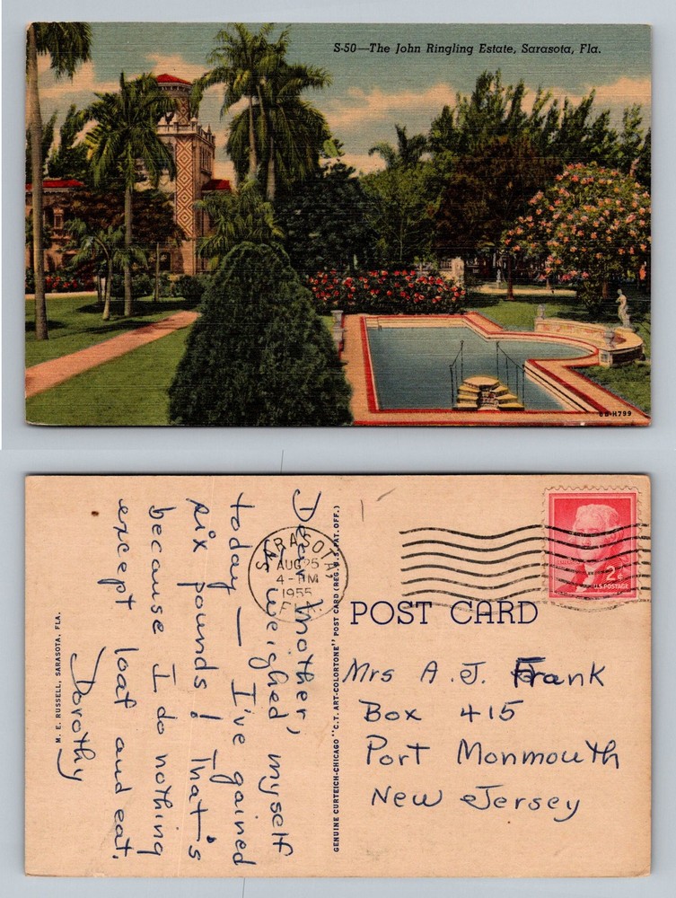 Sarasota, FL-Florida, John Ringling Estate Garden Pool Vintage c1955 Postcard