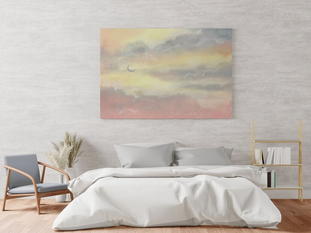 Soft Tone Clouds Sunset Sky Moon Paint Unframed Canvas Print Australian Wall Art