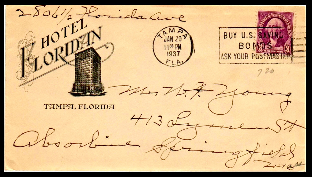 🚩💥Us Stamp 1937 Fancy Slogan Cancel Floridan Hotel Cover💥