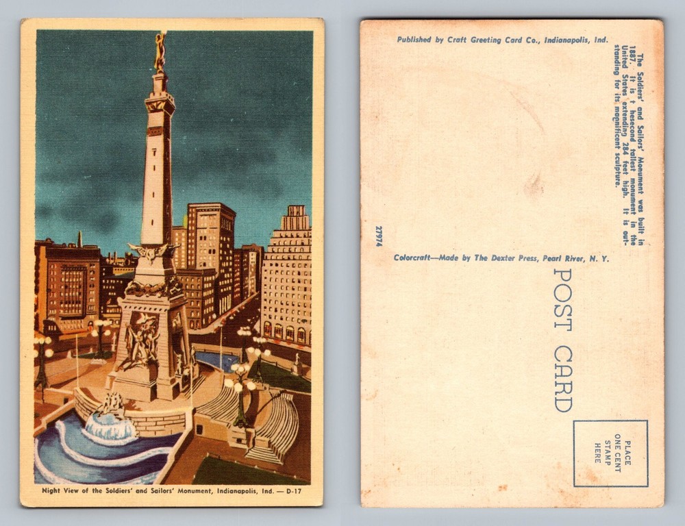 Indianapolis, IN-Indiana, Soldiers and Sailors Monument Night Vintage Postcard