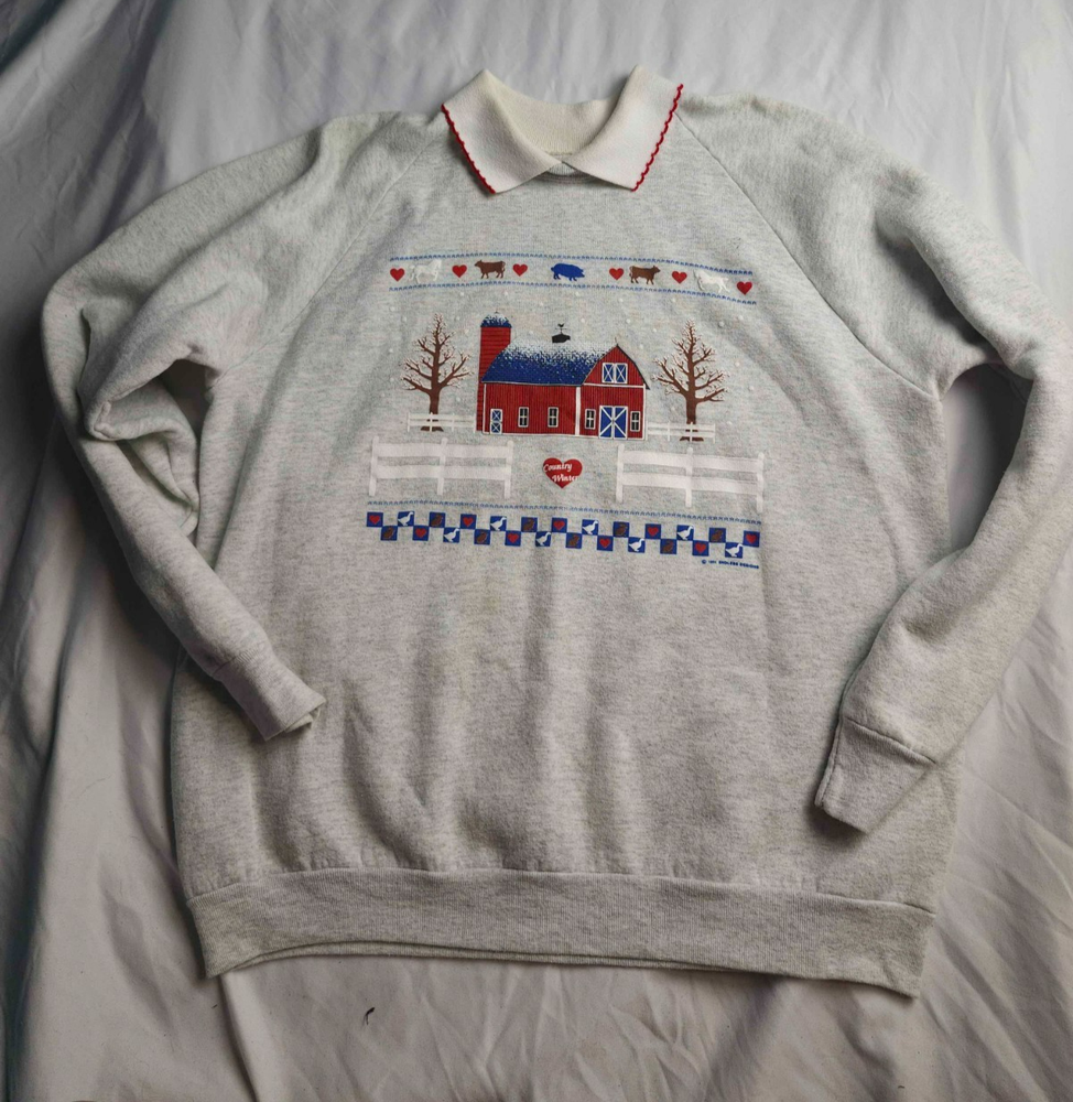 Vintage 1991 Country Winter Farm Animals Collared Sweatshirt Womens XL Gray USA