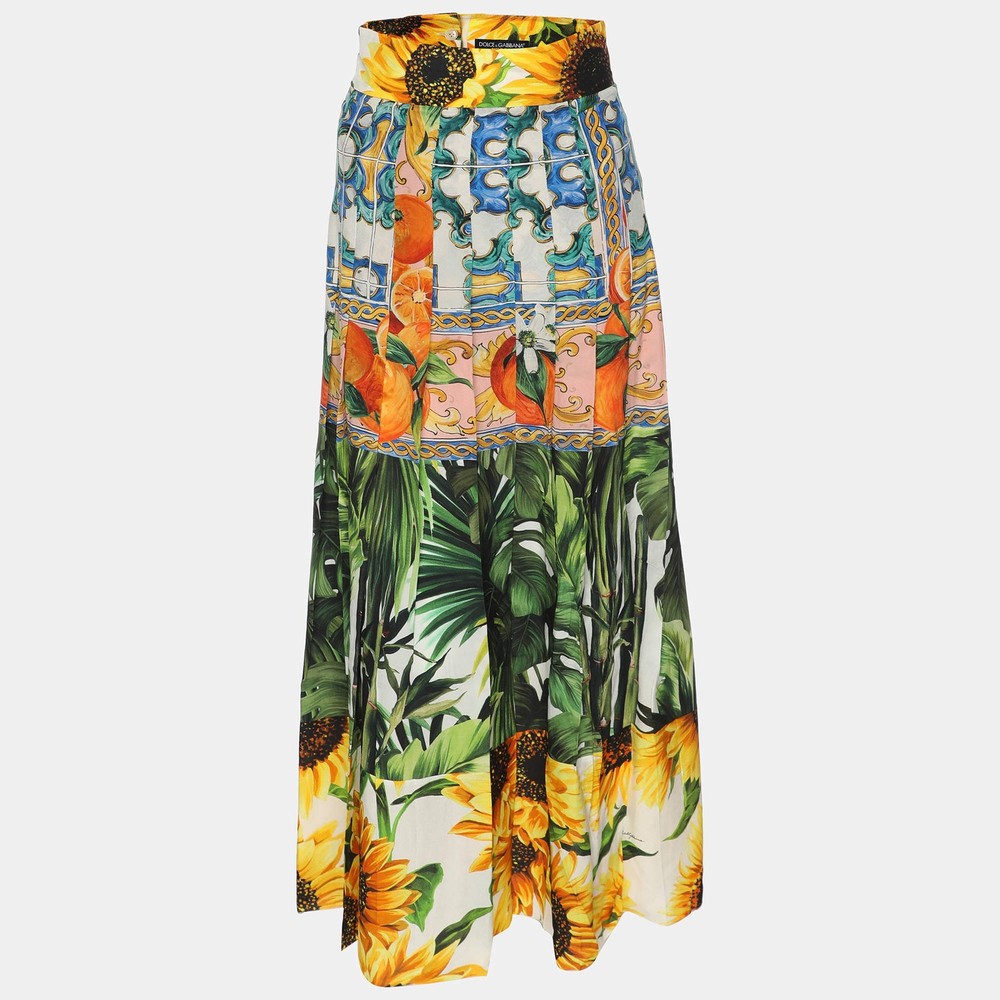 Dolce Gabbana Multicolor Patchwork Printed Silk Pleated Midi Skirt S