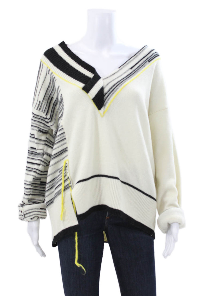 Phisique Du Role Women Merino V-Neck Striped Pullover Sweater White Size 2Free Shipping in US $100+ Orders | $6.95 Orders Below