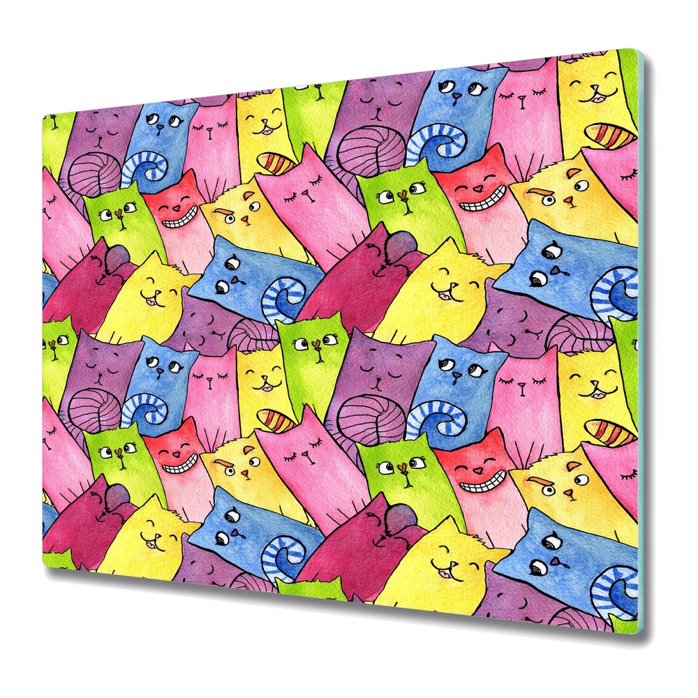 Glass Induction Ceramic Hob Cover Happy Cats Animals Watercolour Pets 60x52