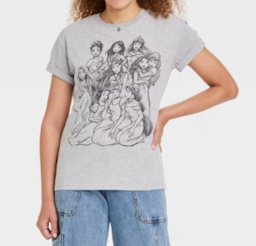 Disney Princess Shirt Womens S Gray Tee Tiana Ariel Belle Aurora Sketch Graphic