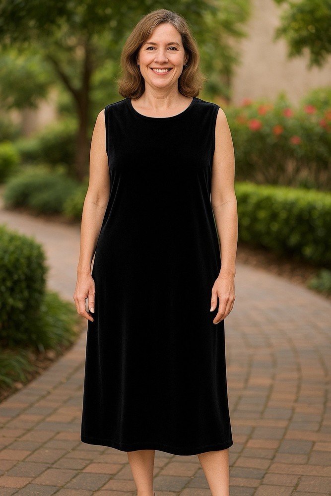 Coldwater Creek Women’s 2X Black Velvet Sleeveless Midi Dress Stretchy Soft EUC