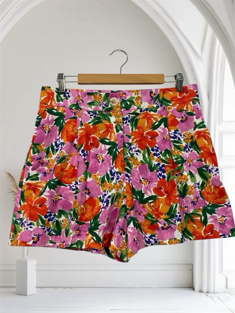 Zara Womens Floral Linen Blend Shorts Size Large Tropical Resort Summer Chic