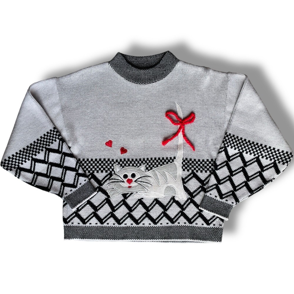 Vintage Cat 3D Print Knit Sweater with Heart Bow Art Embroidery Medium