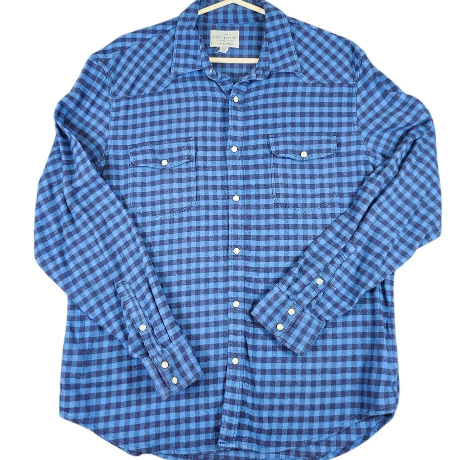 Lucky Brand Shirt Mens Large Blue Plaid Saturday Stretch Western Pearl Snap