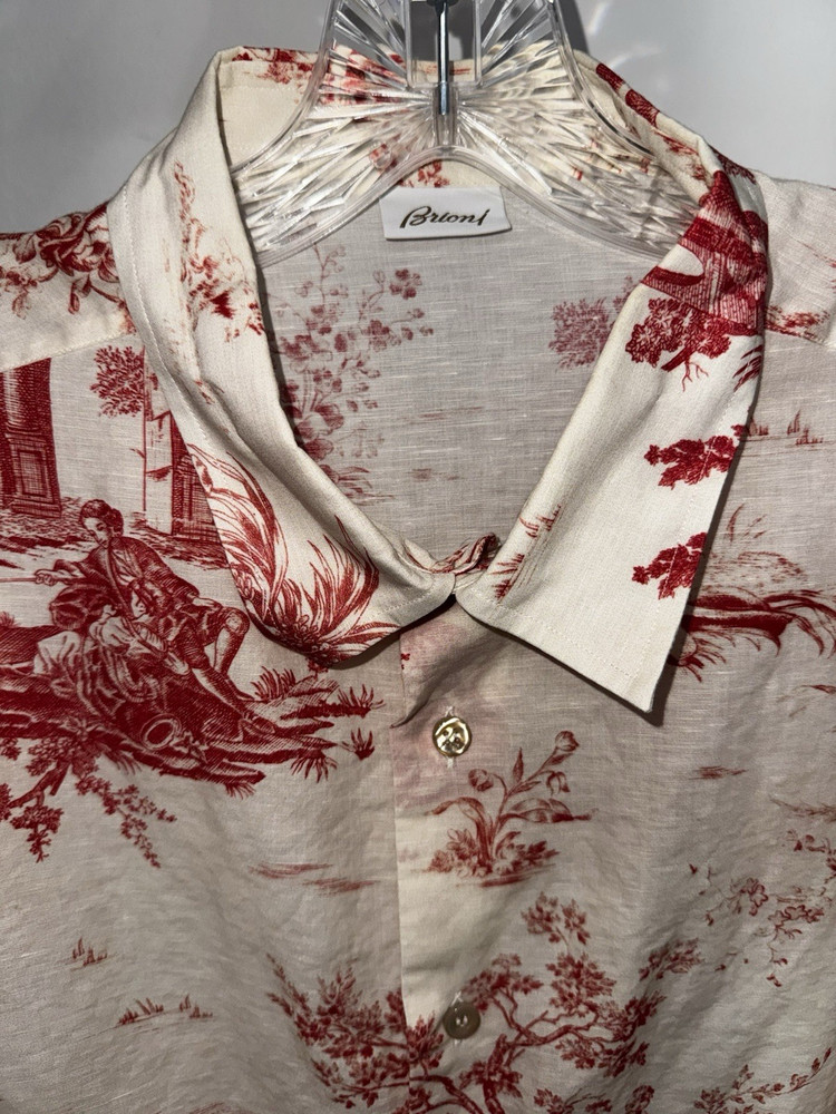 Brioni Beige/Red Toile Print Woven Button-Up Shirt Mens Point Collar Long Sleeve