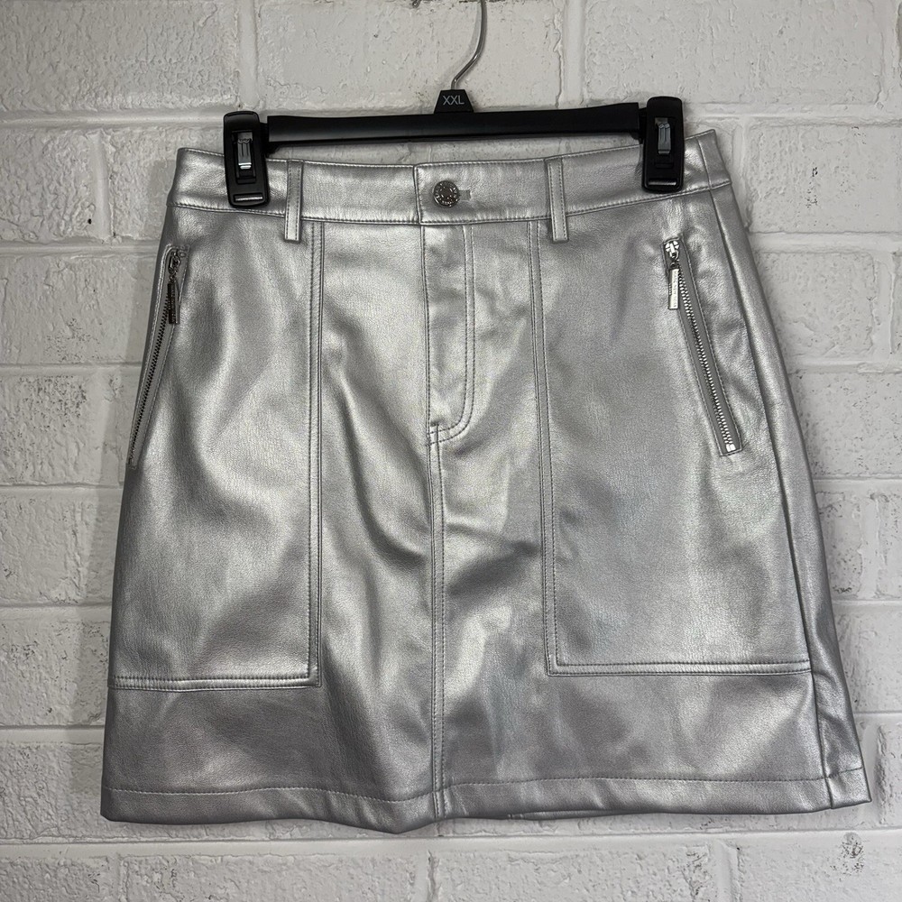 Marc New York Silver Faux Leather A-Line Skirt Shiny Metallic Women Size 4 NWT