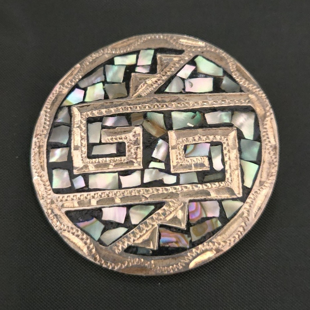 925 Sterling Silver Round Abalone Mother of Pearl Mosaic Brooch Pin 2 in