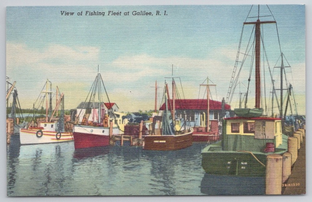 Galilee RI Fishing Fleet Harbor Boats Vintage Linen Postcard Curteich 1940s