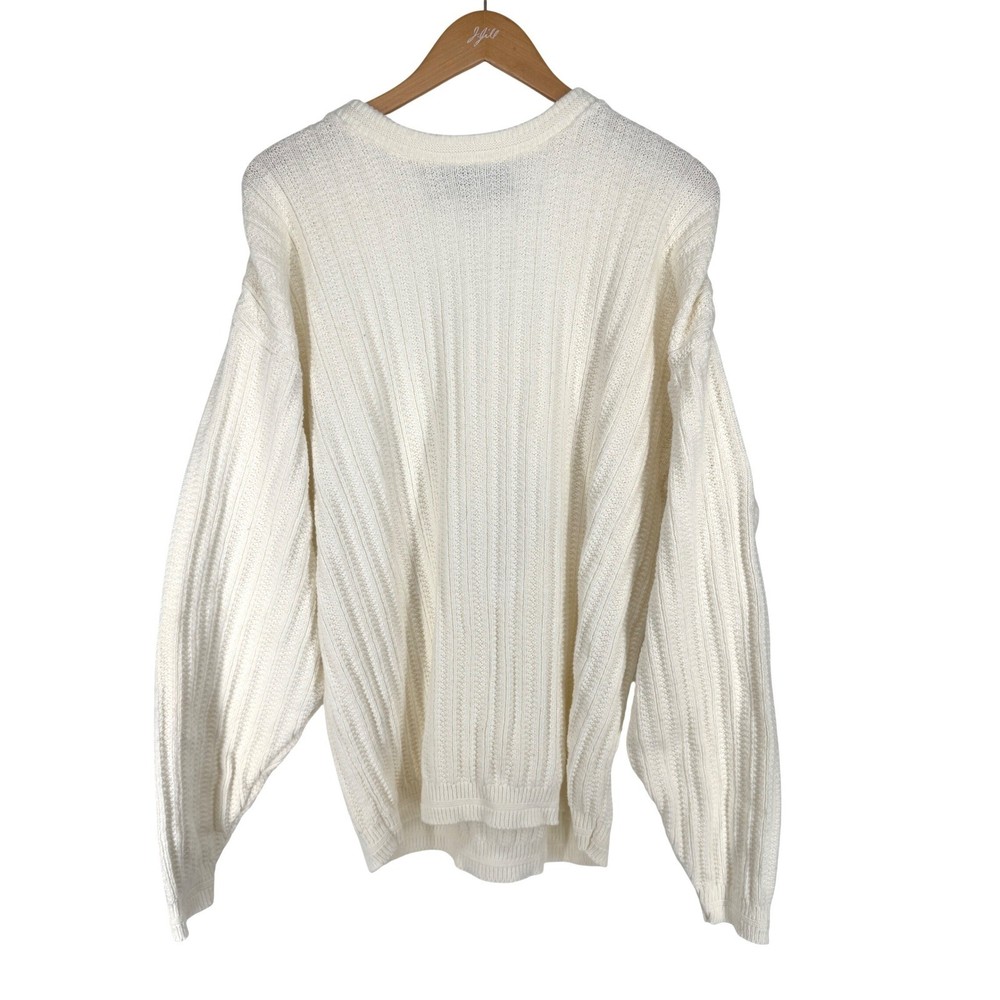 Vintage Men Textured Knit Cotton Crew Neck Sweater Size L Cream Fisherman Baggy