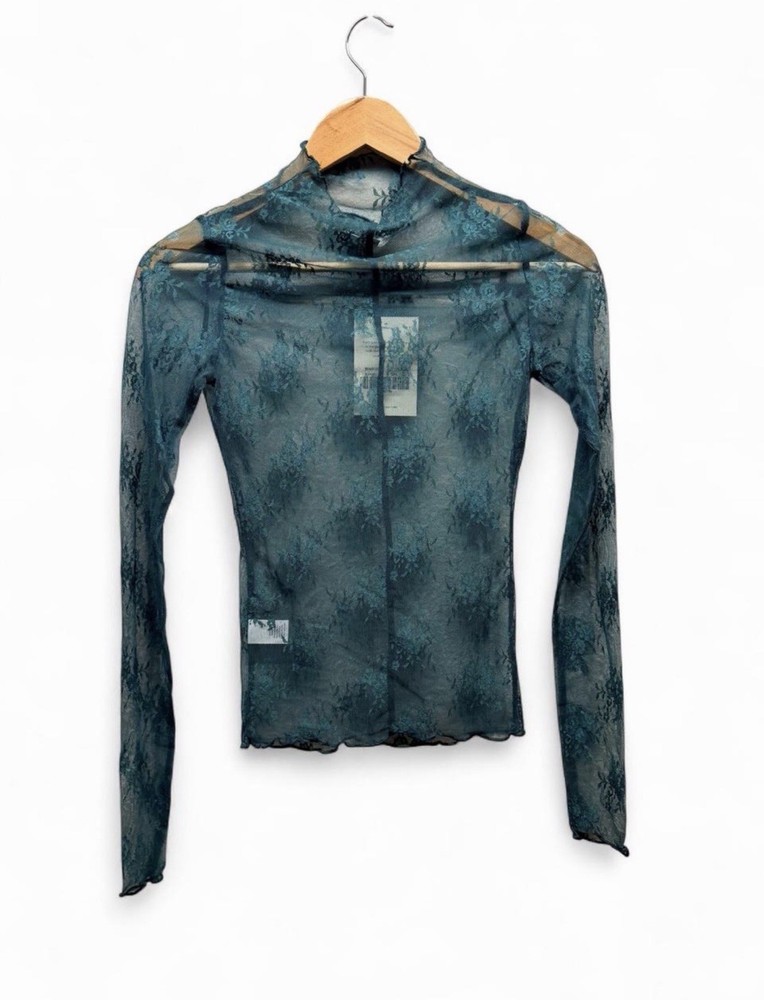 Bohme Teal Sheer Lace Mesh Top XS Long Sleeve Floral Lettuce Hem Y2K Layering