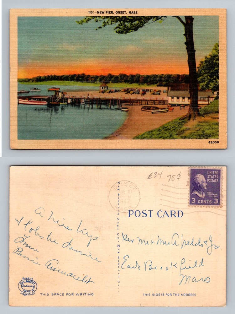 Onset, MA-Massachusetts, New Pier Boats Scenic Sunset Vintage c1947 Postcard