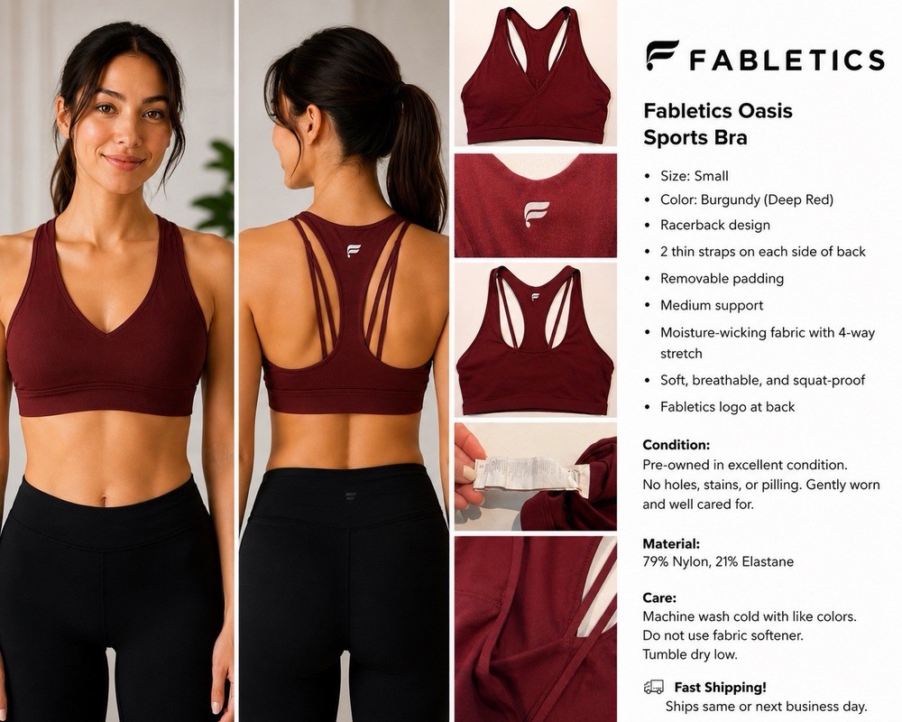 Fabletics Women’s Sports Bra Size Small Burgundy Strappy Back Medium Support