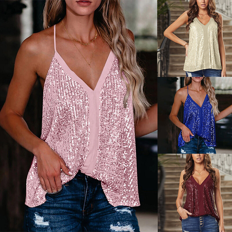 Women's V-Neck Sequin Strap Sleeveless Tank Top for Party or Casual Wear NEW