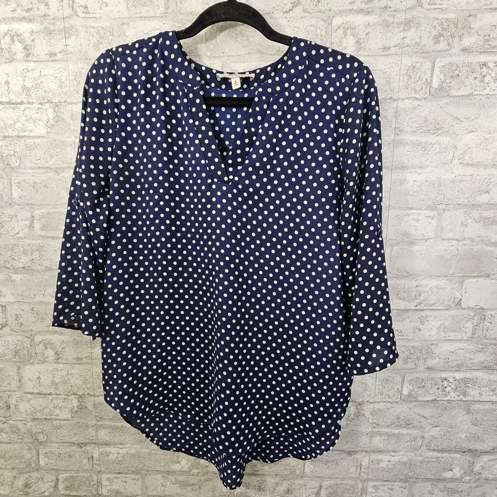 Chaus New York Blue White Polka Dot Top Blouse Women's Size Small