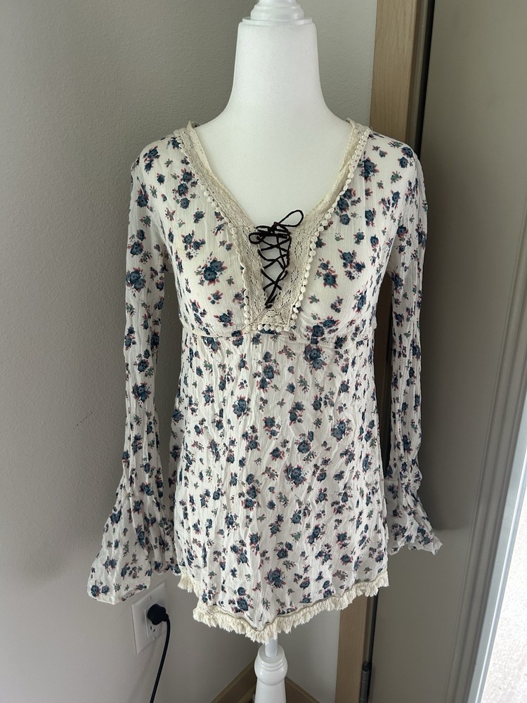 Lace Up Floral Bell Sleeve Cotton Babydoll Top Whimsy Fairy Boho Western Ditsy