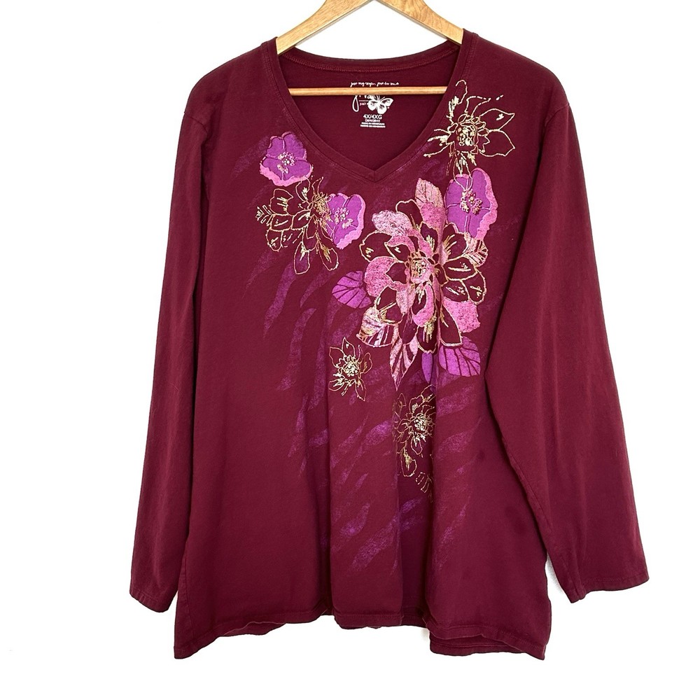 JMS Just My Size Plus Shirt Women’s 4X Burgundy Gold Floral Long Sleeve Top