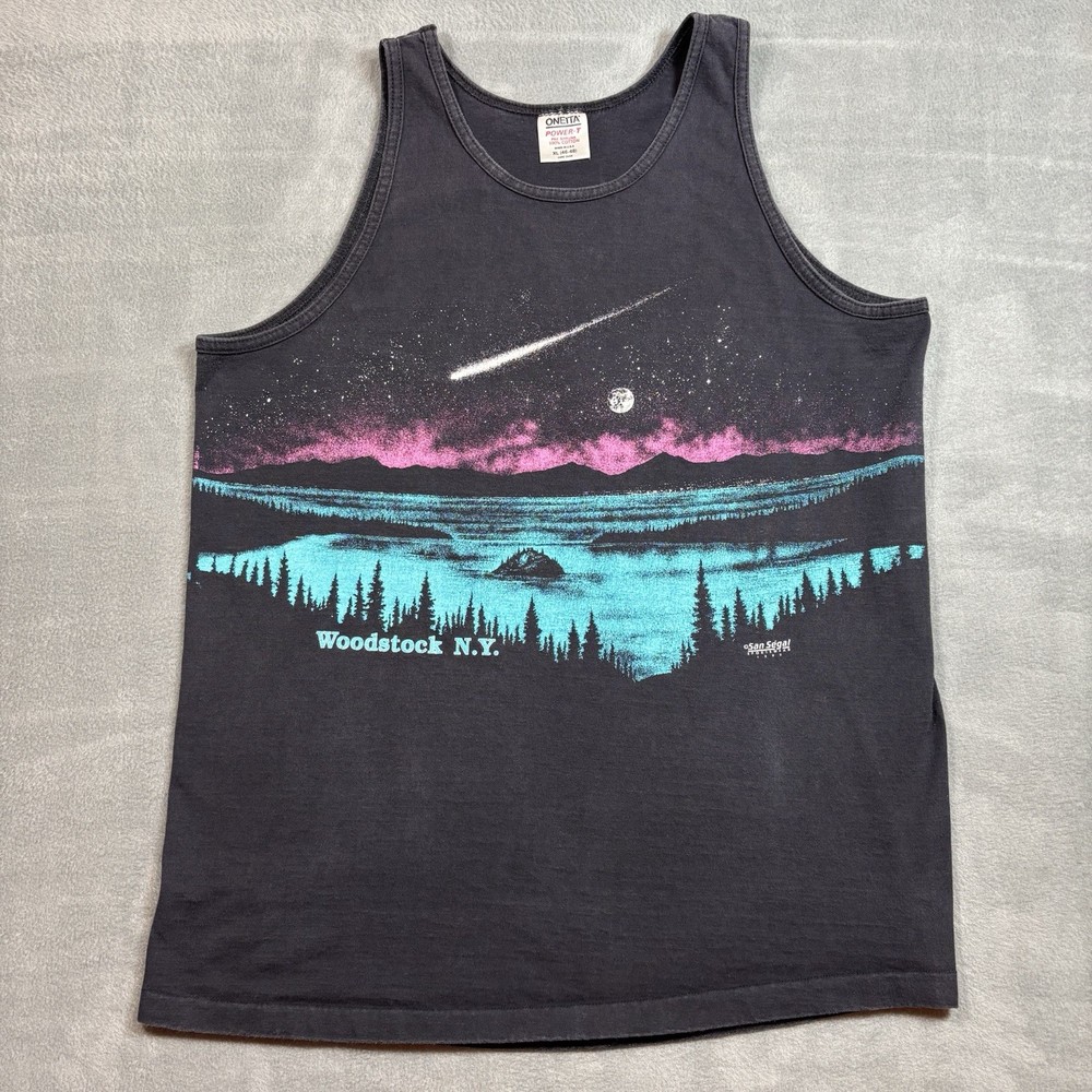 Vtg Oneita Power-T San Segal Woodstock NY Nature Tank Top Men's XL 1989 USA Made
