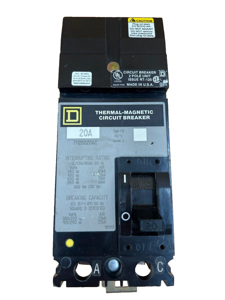 Square D FH26020AC I-Line Circuit Breaker 20A 600V 2P 20 Amp 2 Pole Used