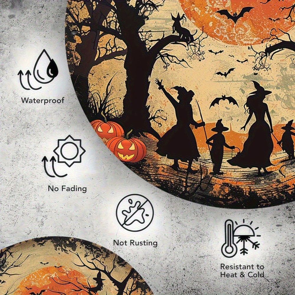 Vintage Halloween Witch Pumpkin Forest Round Aluminum Sign 8x8 Inch