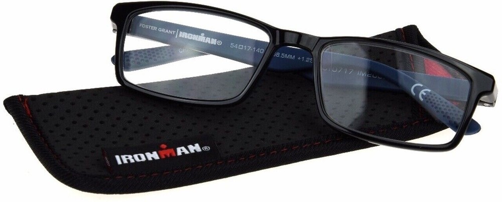 NEW! Foster Grant IRONMAN IM2002 Reading Glasses-Black/BLUE IronFlex-Soft Case