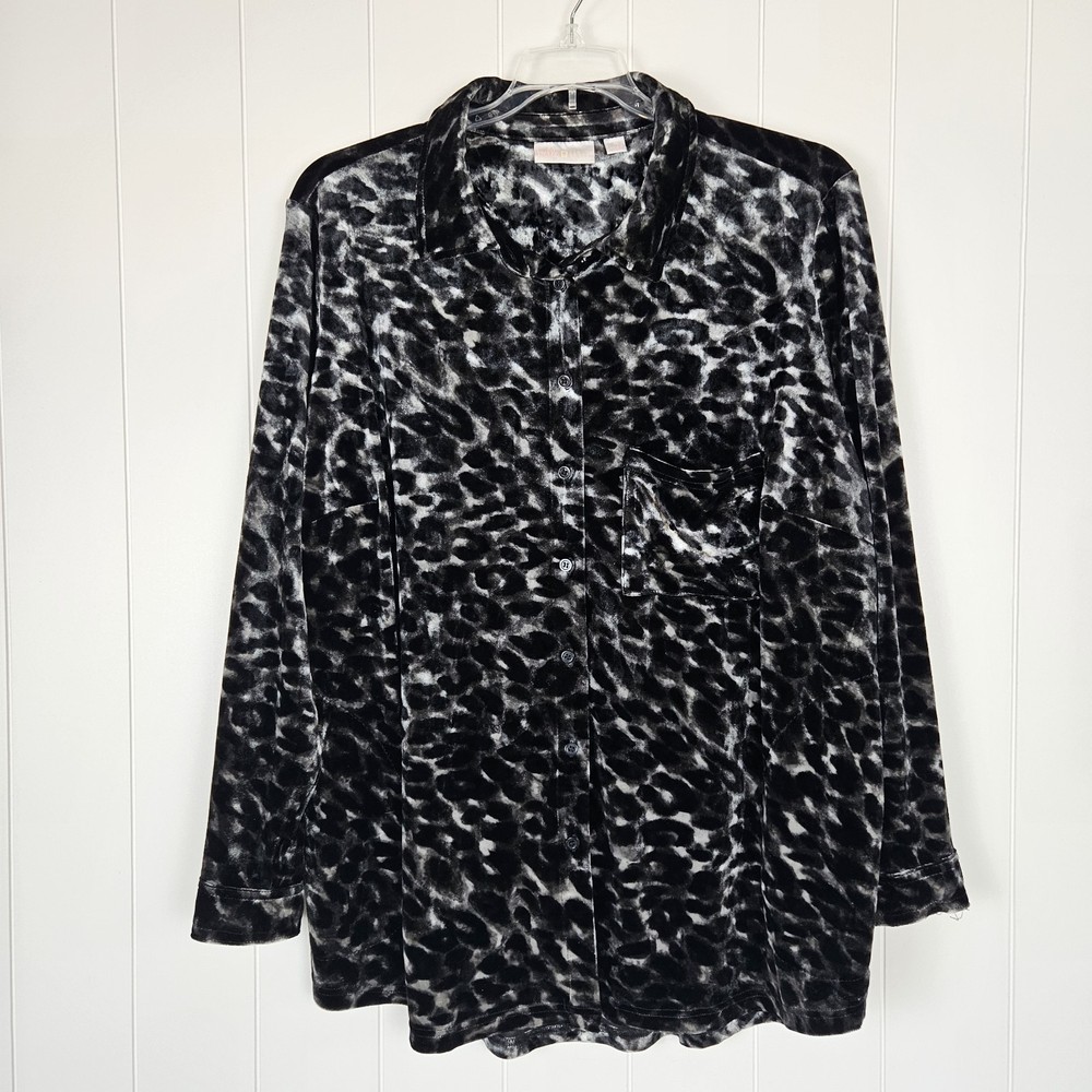 Belle Kim Gravel Shirt Womens Gray Animal Print Velvet Button Long Sleeve lX