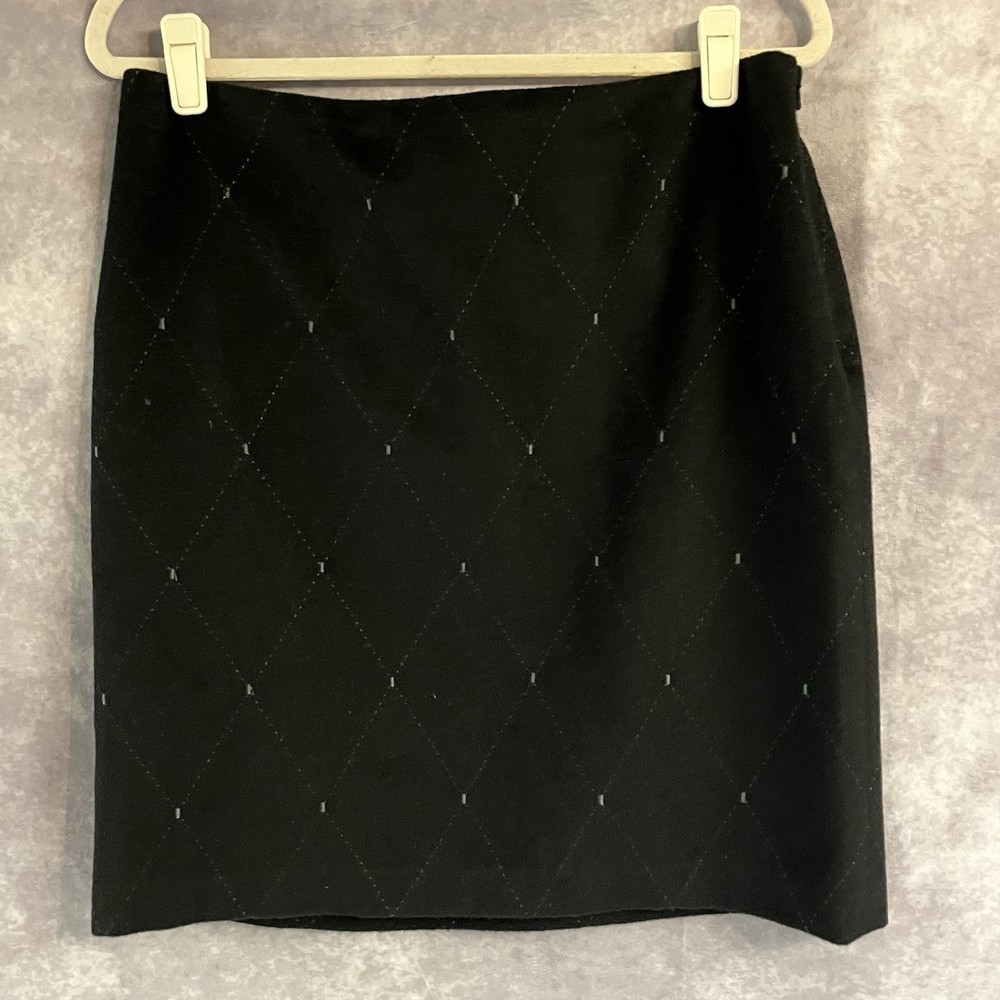 J. McLaughlin Black Wool Cashmere Diamond Pattern Pencil Skirt Size 10 Classic