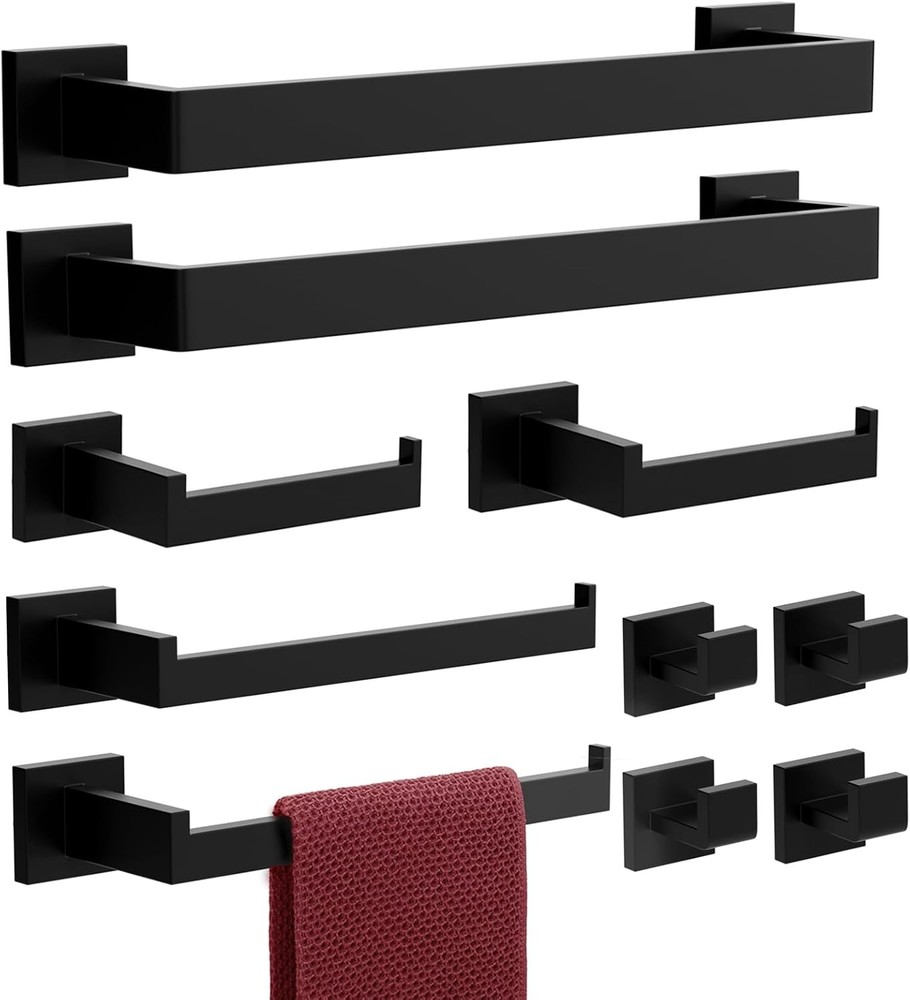 10-Piece Matte Black Bathroom Accessories Set with Towel Bar