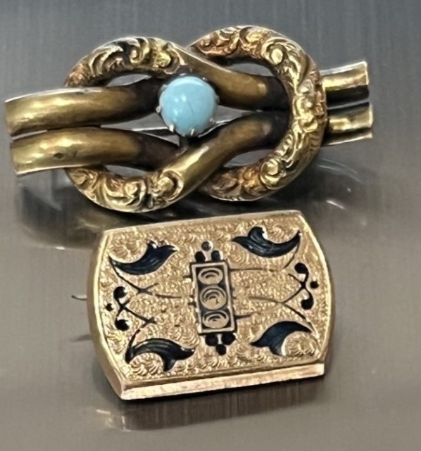 Antique Victorian Art Nouveau BROOCH LOT 10k Gold Fill? Test+ Damascene LoveKnot