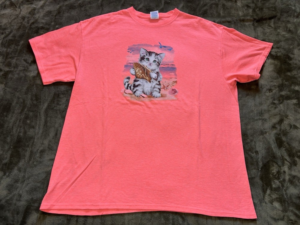 Vintage Cat Shirt Mens XL Peach Orange Kitten Sea Shell Beach Ocean Art Graphic