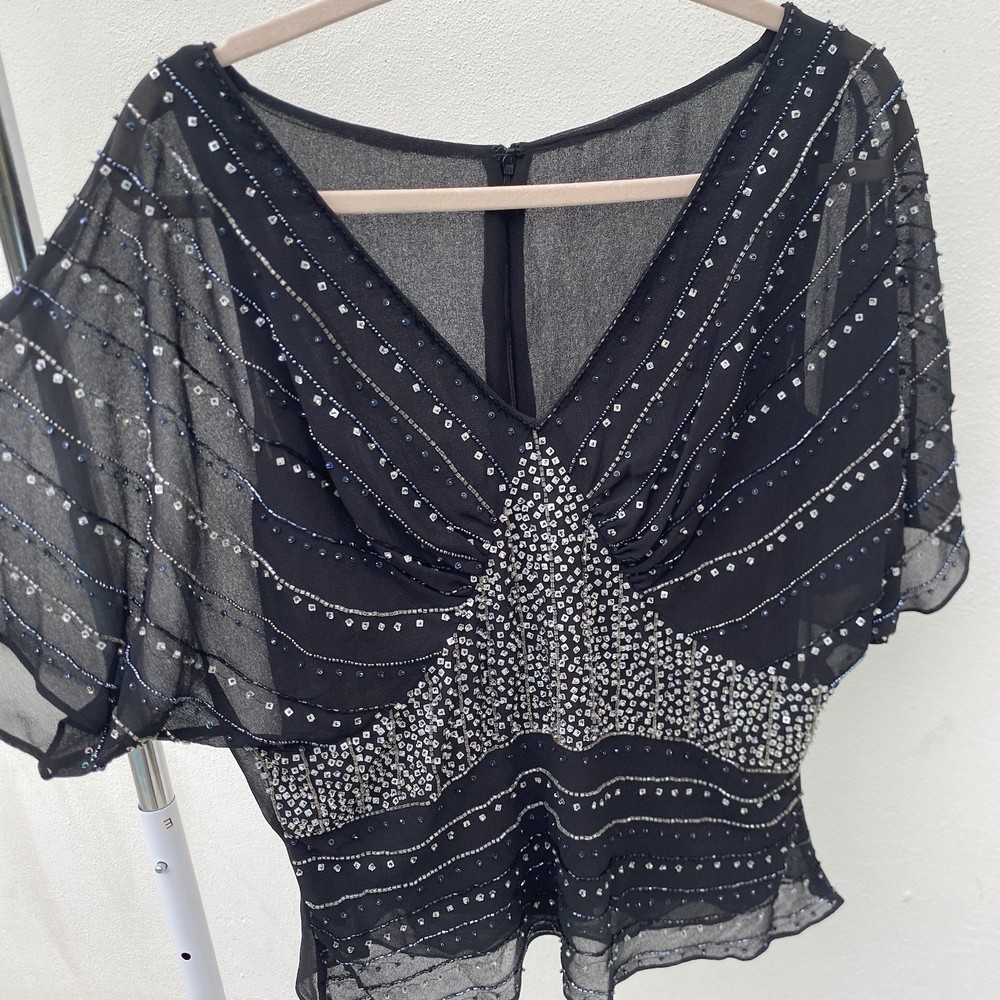 Y2K Fairy Silk Black Beaded Blouse Size XL