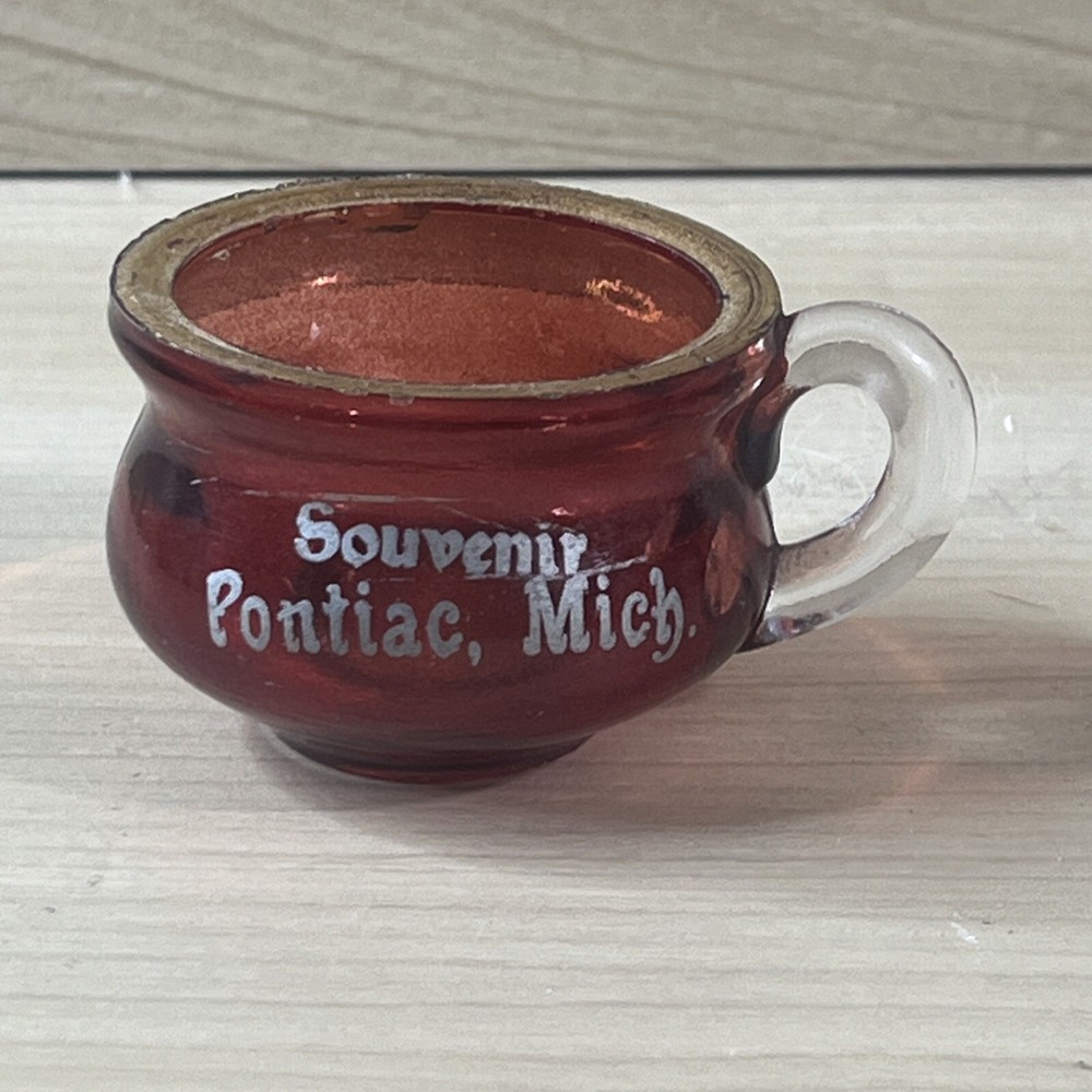 Antique Ruby Red Flash Glass Souvenir Pontiac Michigan Small Cup