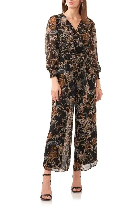 Vince Camuto Paisley Long Sleeve Chiffon Jumpsuit Black Size L 2176