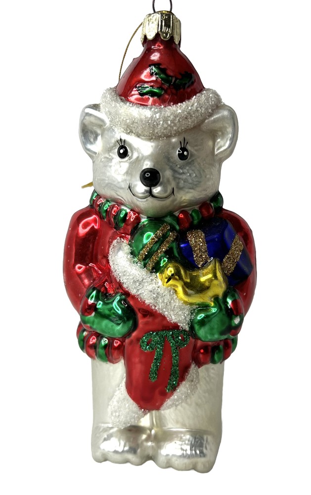 Hand Blown Glass Teddy Bear White Christmas Ornament 7” Santa’s Best Paint Chips
