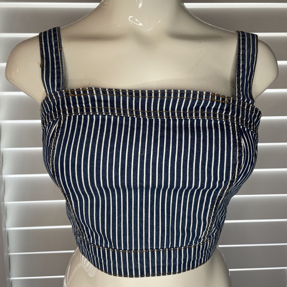 New Juniors Forever 21 Navy White Striped Denim Cropped Tank Top Size Small
