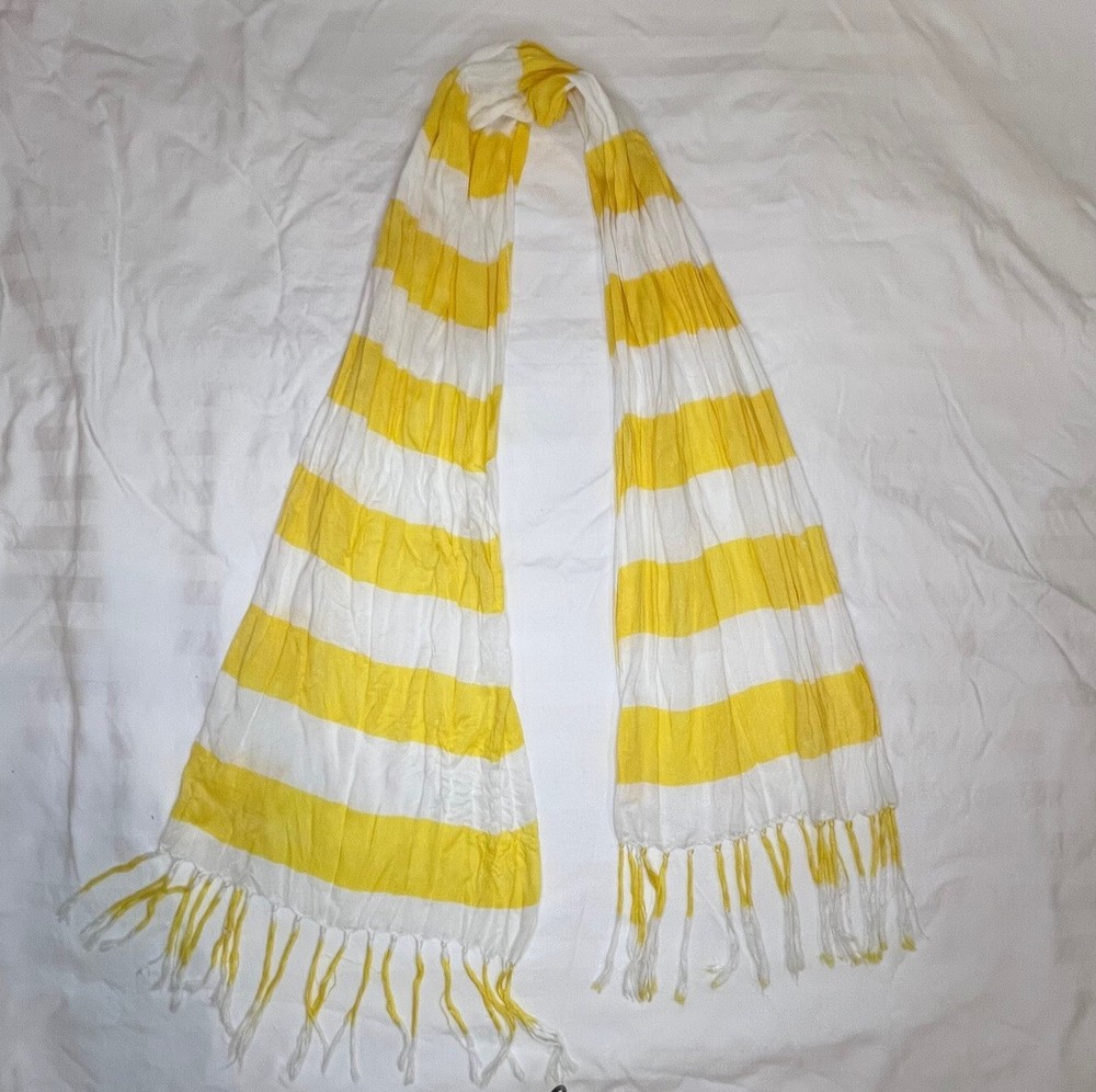Yellow and White Striped Lightweight Y2K Scarf with Fringe