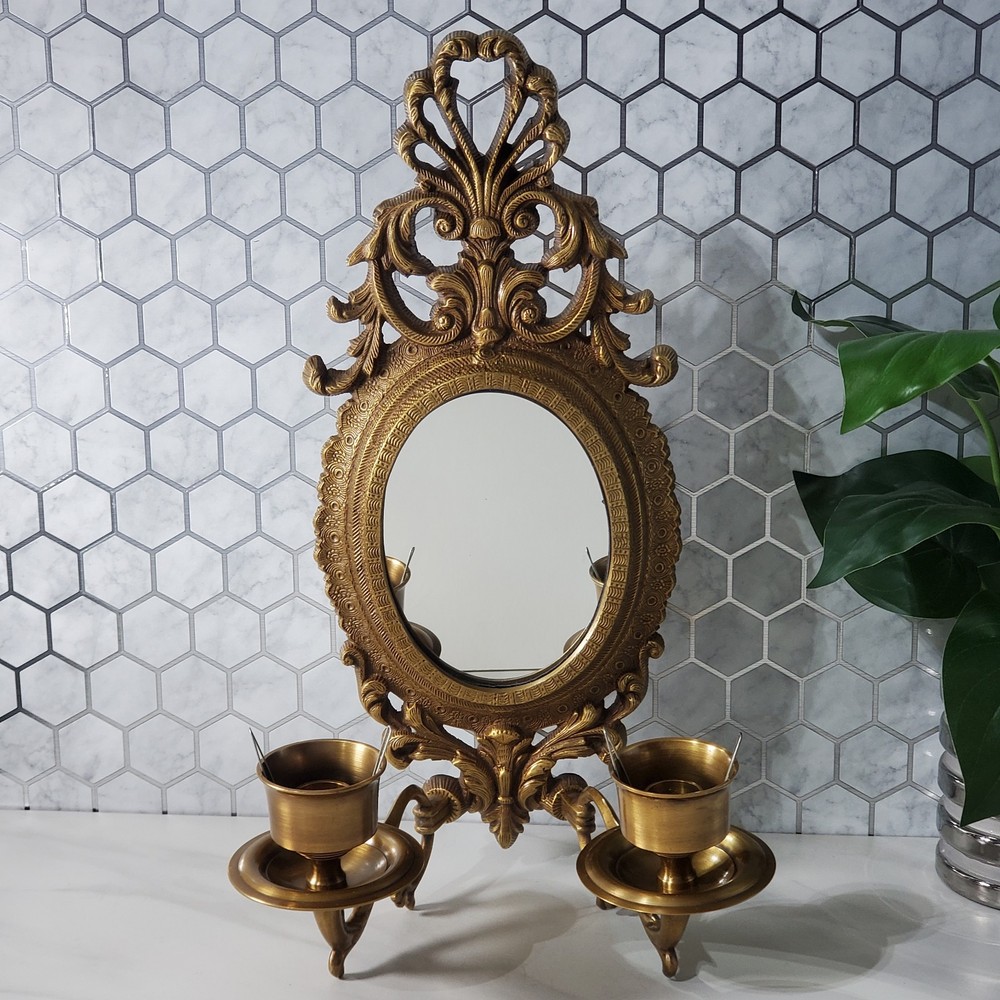 Vintage Brass Double Arm Mirrored Wall Sconce Taper Candle Holder