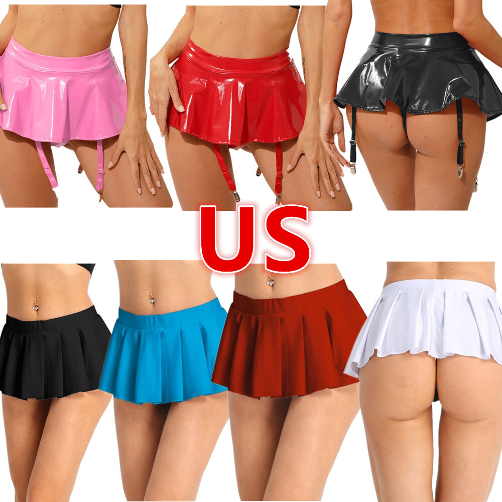US Women's Sexy Shiny Micro Mini Skirt Built-in Thongs Night Out Skirts Clubwear