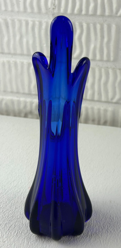 Cobalt Blue 5 Finger Art Glass Swung Vase 9.5” Mid Century Modern